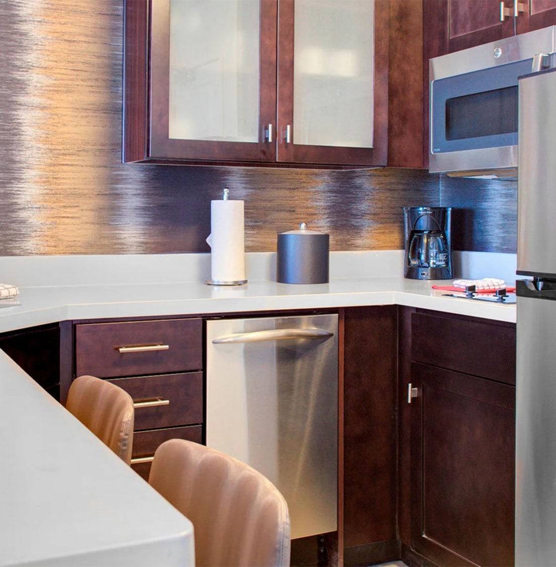 kitchen view inside of hotel suite