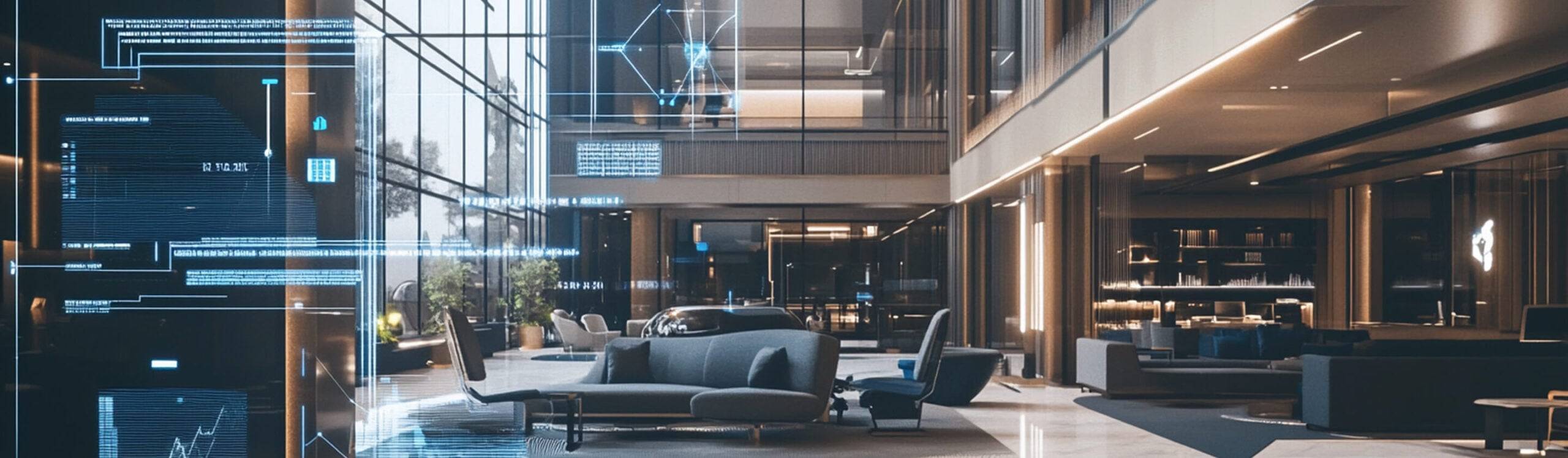 A hotel lobby with a data concept overlay