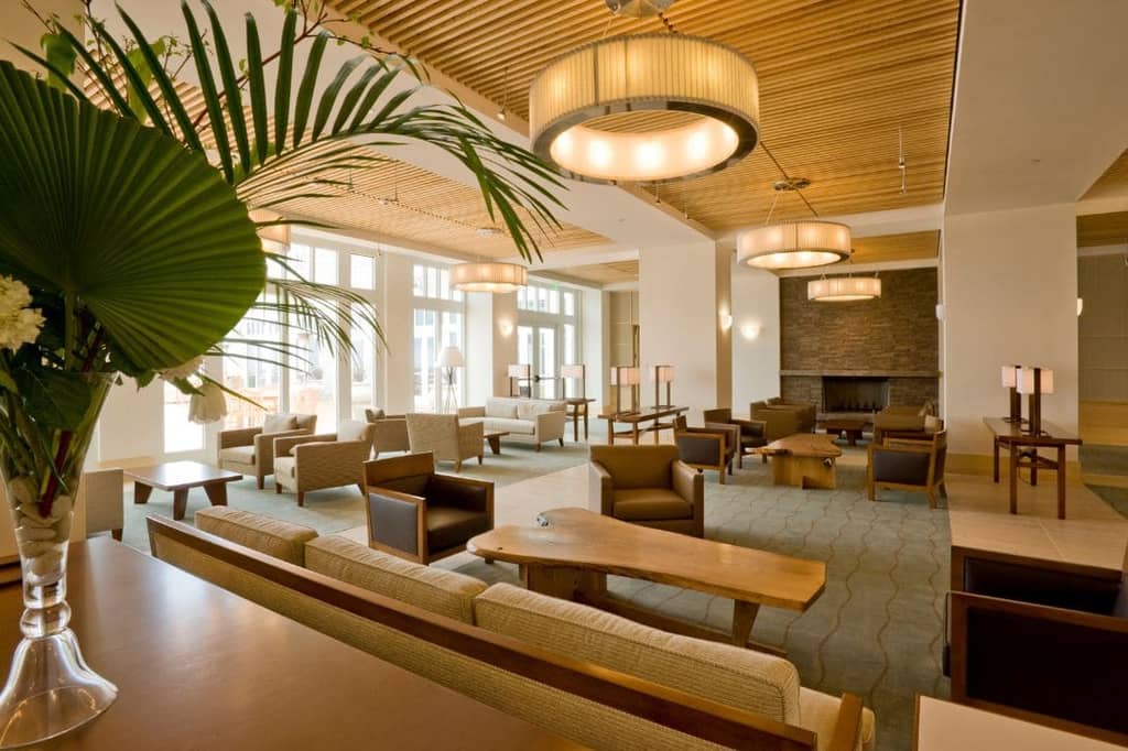 A modern hotel lobby with upscale lighting