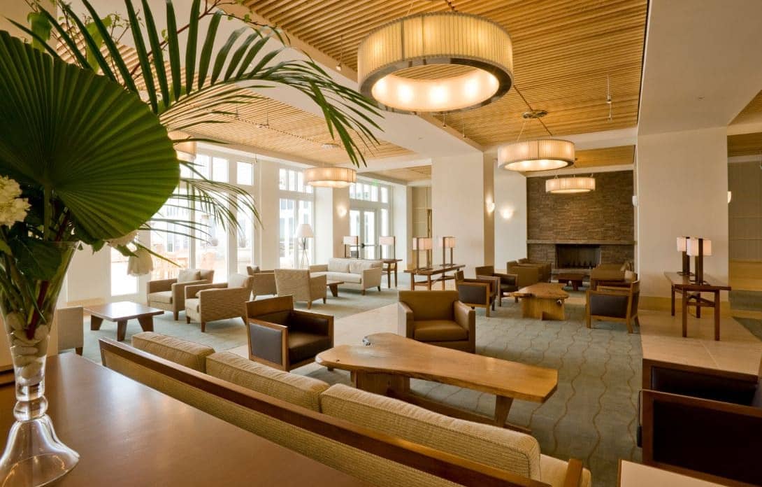 A modern hotel lobby with upscale lighting