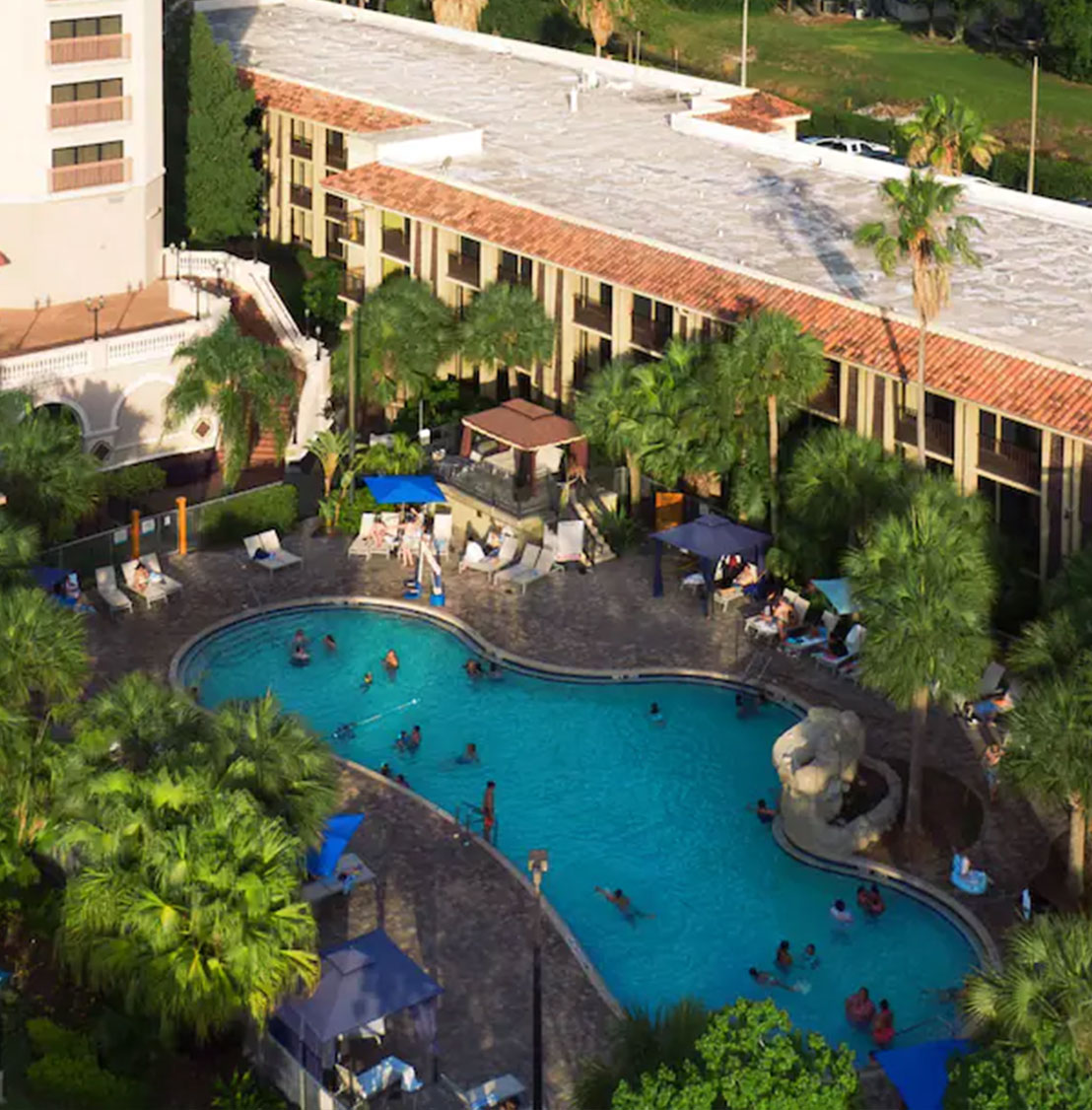 aerial view of doubletree orlando at seaworld pool
